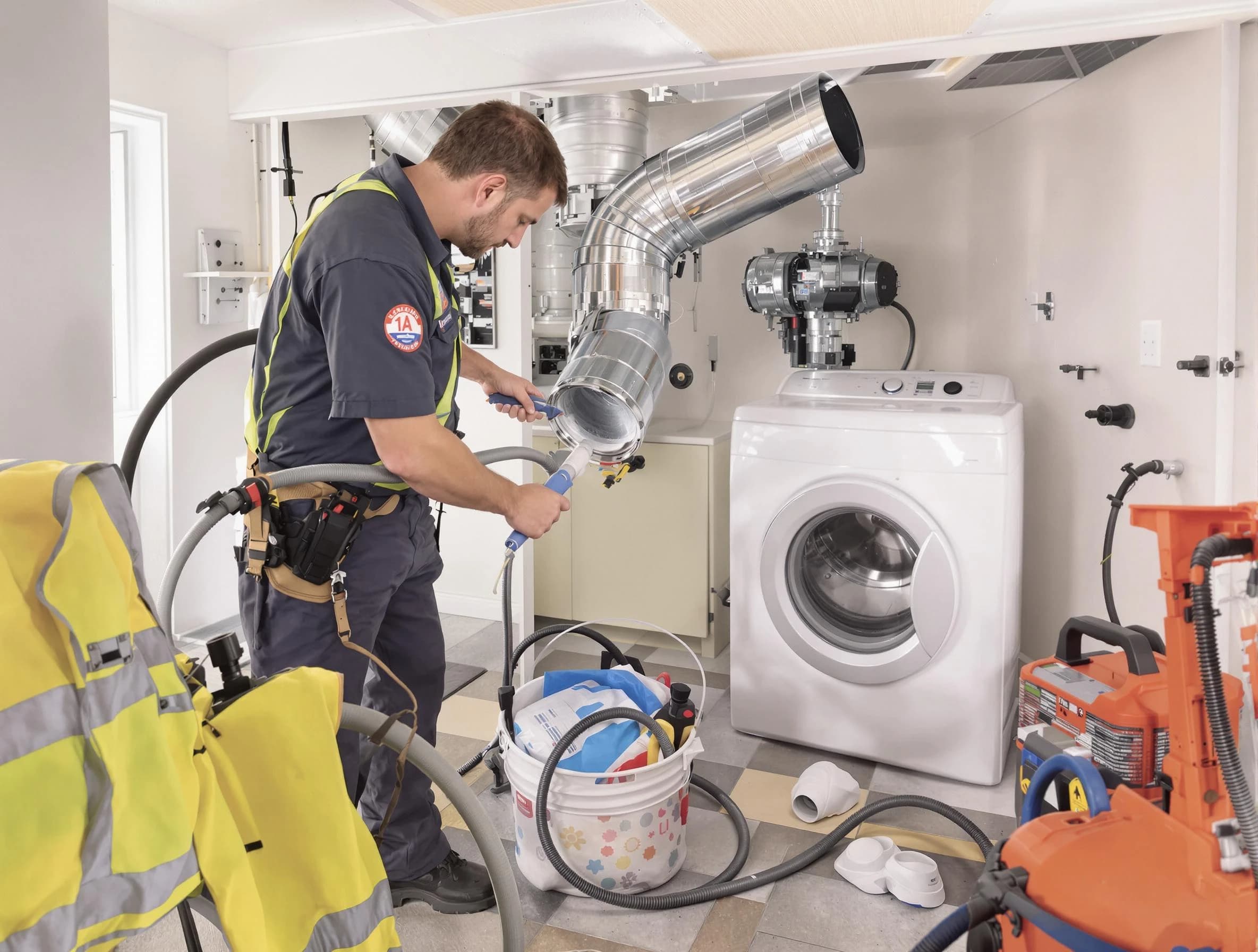 West Covina Dryer Vent Cleaning technician using specialized equipment to clear severe dryer vent blockage in West Covina